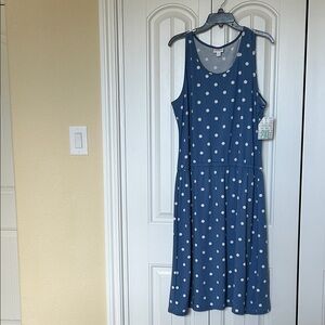 LuLaRoe Blue Polka Dot Top with Navy Trim